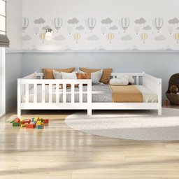 Cama Casal Infantil Grade Montessori Madeira Chão Branco Eva - 2