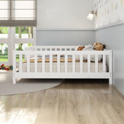 Cama Casal Infantil Grade Montessori Madeira Chão Branco Eva - 5