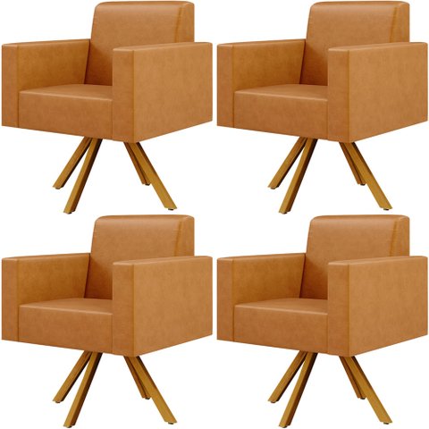 Kit 04 Poltronas Decorativa Base Giratória de Madeira Helô L02 Couríssimo Whisky - Lyam Decor