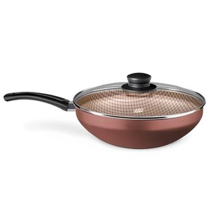 Planela Wok Flora Alumínio Chocolate Superflon com Tampa 24 Cm 2,8 Litros Mta