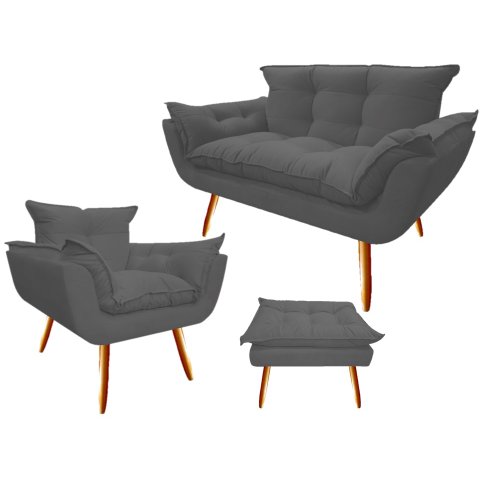 Kit Namoradeira + 1 Poltrona + 1 Puff Decorativo Opala Suede Cinza Pés Madeira Mz Decor
