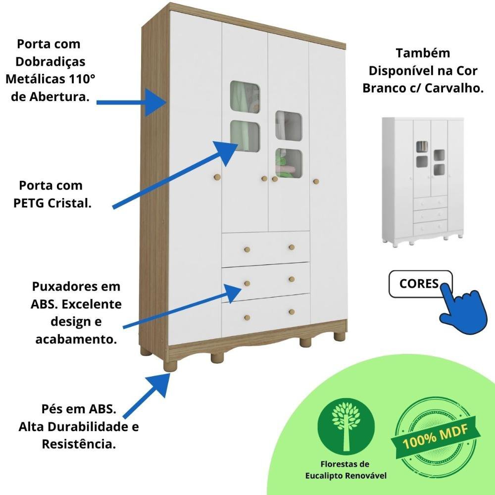 Quarto de Bebê Completo Berço Americano Ben 3 Em 1 Guarda Roupa 4 Portas 3 Gavetas e Cômoda Uli 4 - 7