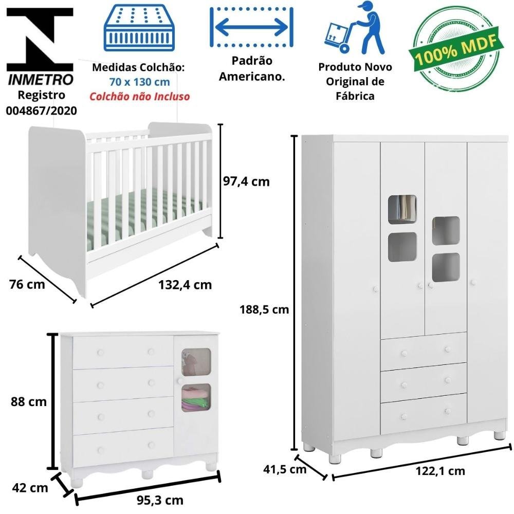 Quarto de Bebê Completo Berço Americano Ben 3 Em 1 Guarda Roupa 4 Portas 3 Gavetas e Cômoda Uli 4 - 18