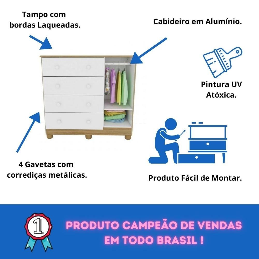 Quarto de Bebê Completo Berço Americano Ben 3 Em 1 Guarda Roupa 4 Portas 3 Gavetas e Cômoda Uli 4 - 6