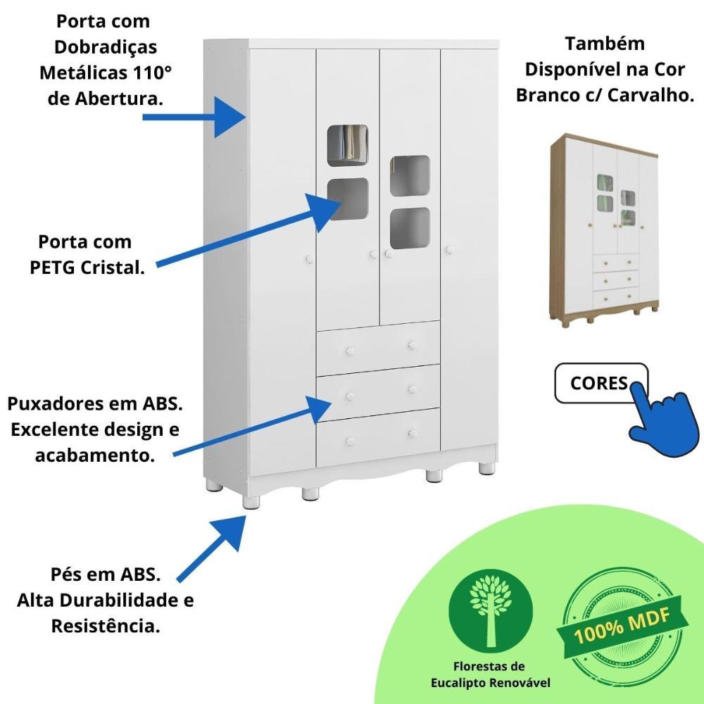 Quarto de Bebê Completo Berço Americano Ben 3 Em 1 Guarda Roupa 4 Portas 3 Gavetas e Cômoda Uli 4 - 16