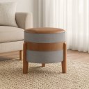 Ver imagem 6 de Puff Órion Couro Caramelo Linho Cinza Pés de Madeira