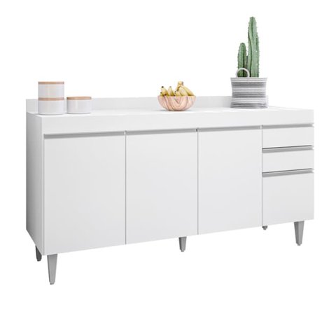 Balcão Lorena 160cm 4 Portas C/ Tampo Branco - Vallisa Decor