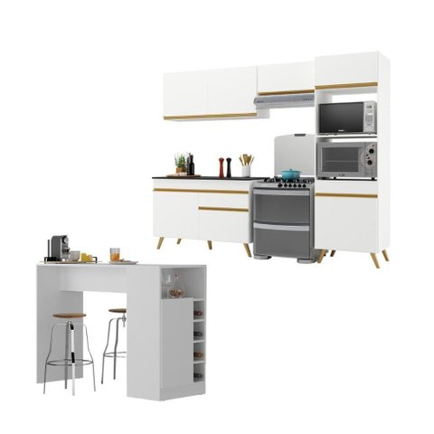 Armário de Cozinha Compacta com Mesa/bancada Veneza Multimóveis Mp2210 Branco/dourado