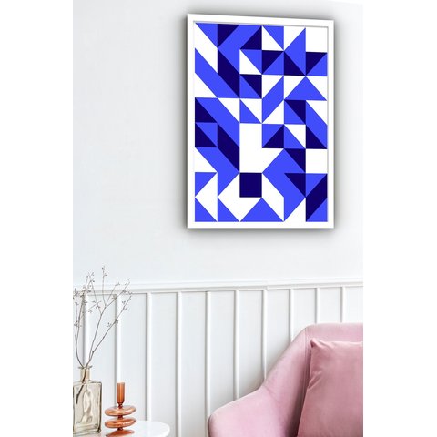 Quadro Decorativo Abstrato Geométrico Branco Azul - 70x50cm:moldura Branca
