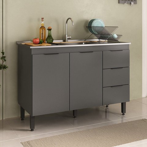 Balcão para Pia de Cozinha 3 Gavetas 120cm Yescasa Cinza/Grafite