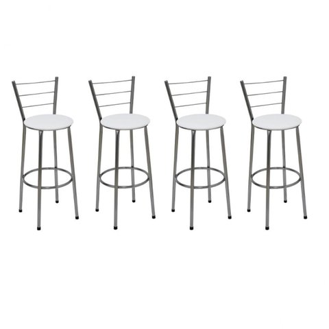 Kit 4 Banquetas Média Cromada Com Encosto Assento Branco
