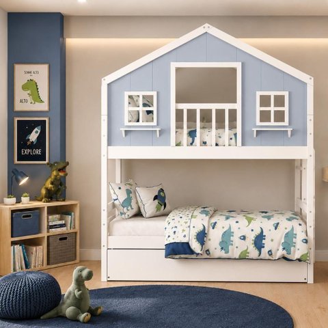 Treliche Infantil Casinha Dos Sonhos Madeira Maciça Branco Azul Housin
