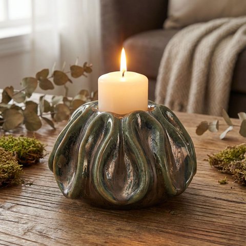Porta Vela Castiçal Decorativo Home&co Cerâmica 9x10x10cm Verde