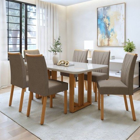 Conjunto Sala de Jantar 6 Lugares Retangular Tampo Vidro/MDF Mesa Tessera Cadeiras Pés Madeira Jade