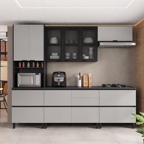 Cozinha Modulada 5 Peças 9 Portas 6 Gavetas MDF Dodradiça Slow Motion Lúmina Itatiaia Grafite/Fendi Cinza
