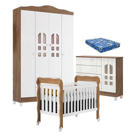 Quarto de Bebê New Selena 4 Portas com Berço Lila e Cômoda Selena Branco Acetinado Amadeirado e Colc