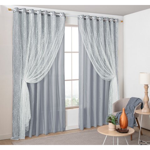Cortina De Tecido Com Renda 3,00 X 2,30 Para Sala/quarto:Cinza