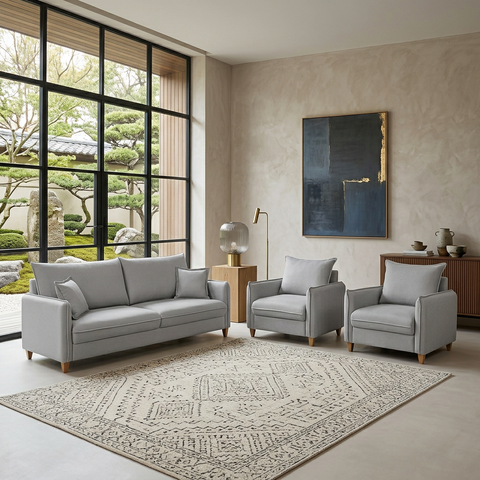 Kit Conjunto Sofá Living Córdoba e Duas Poltronas Tecido Linho Cinza Claro 1,80m