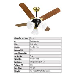 Ventilador De Teto New Zeta Preto/Mogno Com 4 Pás de MDF 127v Venti-Delta - 5