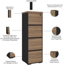 Armário para Escritório Arquivo 04 Gavetas com Chave Unik A02 Nogal Preto - 6 Armário para Escritório Arquivo 04 Gavetas com Chave Unik A02 Nogal Preto - 6