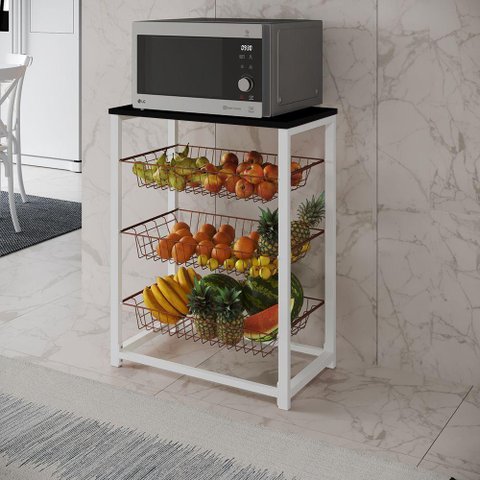 Fruteira com Suporte para Micro-ondas Barcelona Aço Branco Cesto Cobre Tampo Preto - Cor: Marrom