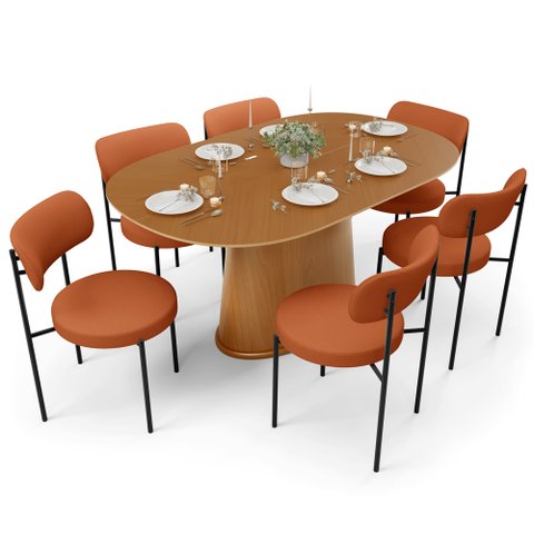 Mesa Para Sala de Jantar Valência com 06 Cadeiras Sala de Jantar Louise L02 Tecido Terracota - Lyam 