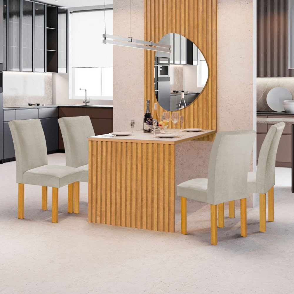 Mesa de Jantar 4 Lugares Bella/canela com Vidro e Espelho Ripado Cinamomo/off White/veludo Bege Clar