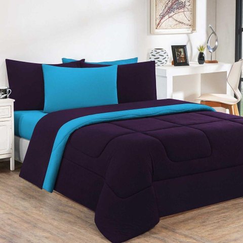 Kit Edredom + Jogo de Lençol Malha 100% Algodão Gran Moratta 7 Peças Queen - Roxo -azul Turquesa