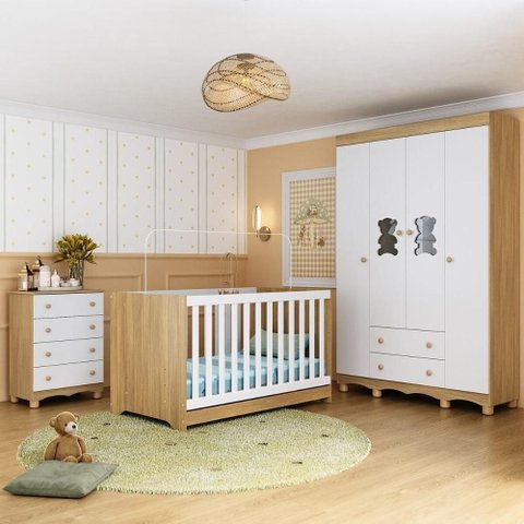 Quarto de Bebê Completo com Berço Americano 3 em 1 Ternura Multimóveis Mp4651 Madeirado/branco