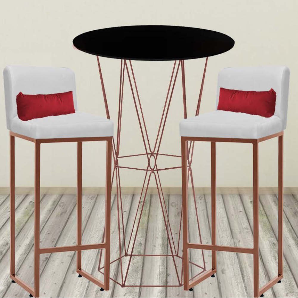Kit Mesa Bistrô Flork e 4 Banqueta Lucca Tampo Preto Ferro Bronze Corino Branco e Almofada Vermelho  - 2