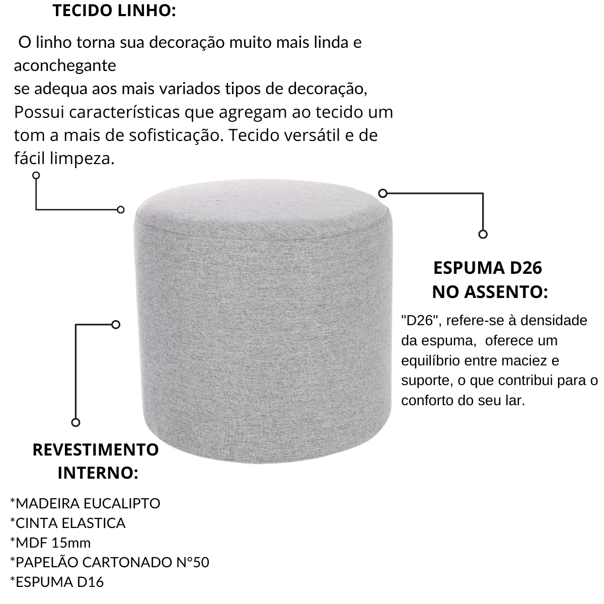 Puff Perse redondo assento banqueta  decorativo casa tecido linho cinza - 3