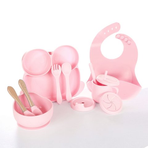 Kit Introdução Alimentar Bebê Treinamento Prato Talher 10 Peças Rosa