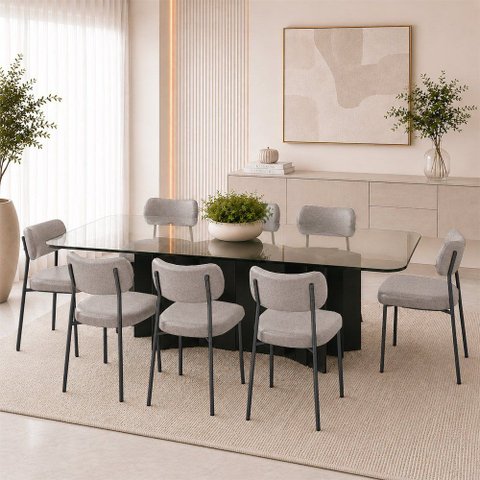 Kit 8 Cadeiras Sala de Jantar Lisa Pés Preto Linho Cinza m² - Monari Design