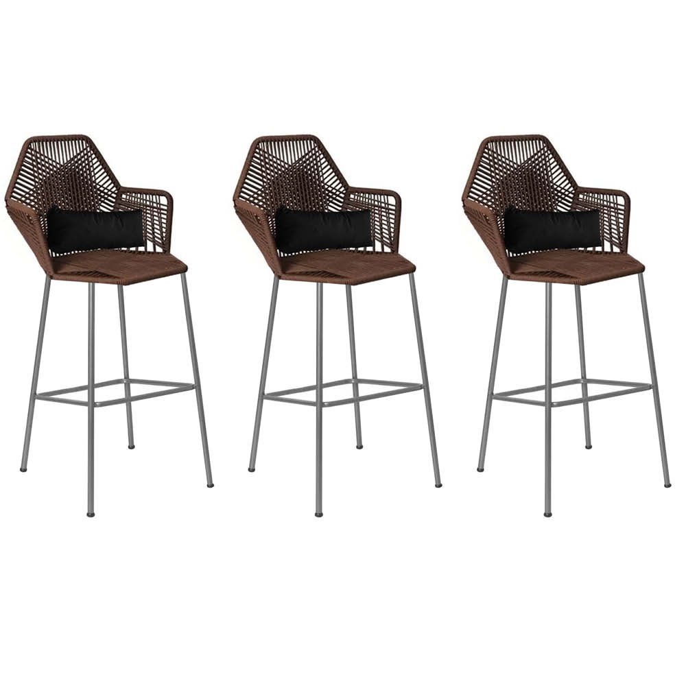 Kit 03 Banqueta Alta Com Encosto Sttar Balcão Ferro Prata Fibra Marrom Almofada Suede Preto - Ahazzo - 1