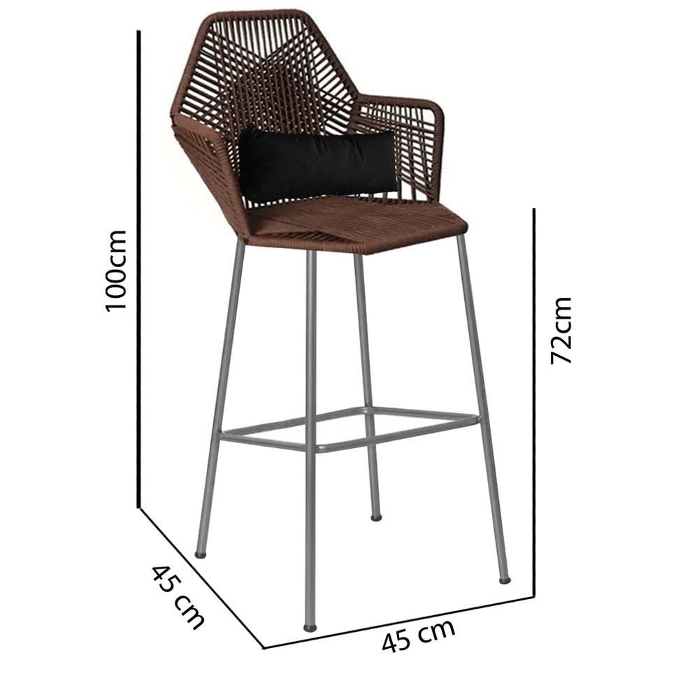Kit 03 Banqueta Alta Com Encosto Sttar Balcão Ferro Prata Fibra Marrom Almofada Suede Preto - Ahazzo - 4