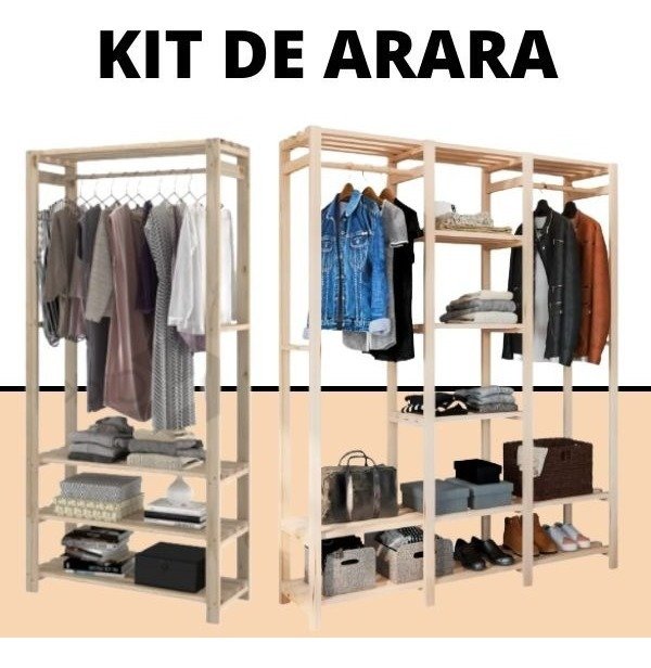 Conjunto Closet De Madeira Aberto E Cabideiro Triplo Para Quintal Com Suporte - 2