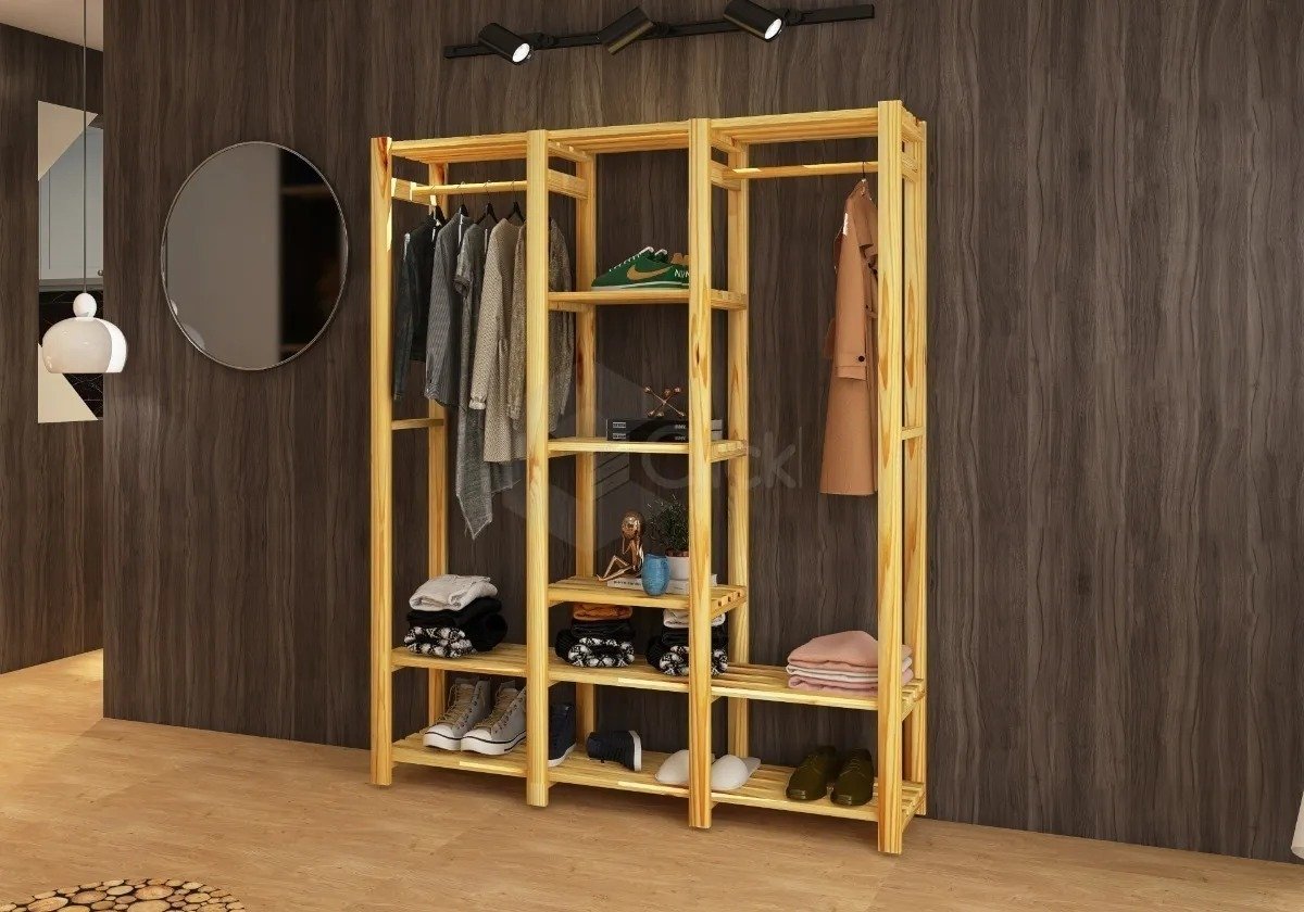 Conjunto Closet De Madeira Aberto E Cabideiro Triplo Para Quintal Com Suporte - 3