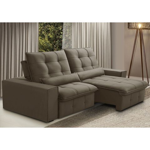 Sofá Retrátil Reclinável para Sala 3 Lugares 250cm Curie F04 Veludo Marrom Claro - Lyam Decor