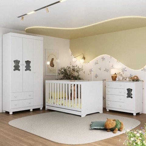 Quarto de Bebê Completo com Berço Americano 3 em 1 Fofura Multimóveis Mp4653 Branco