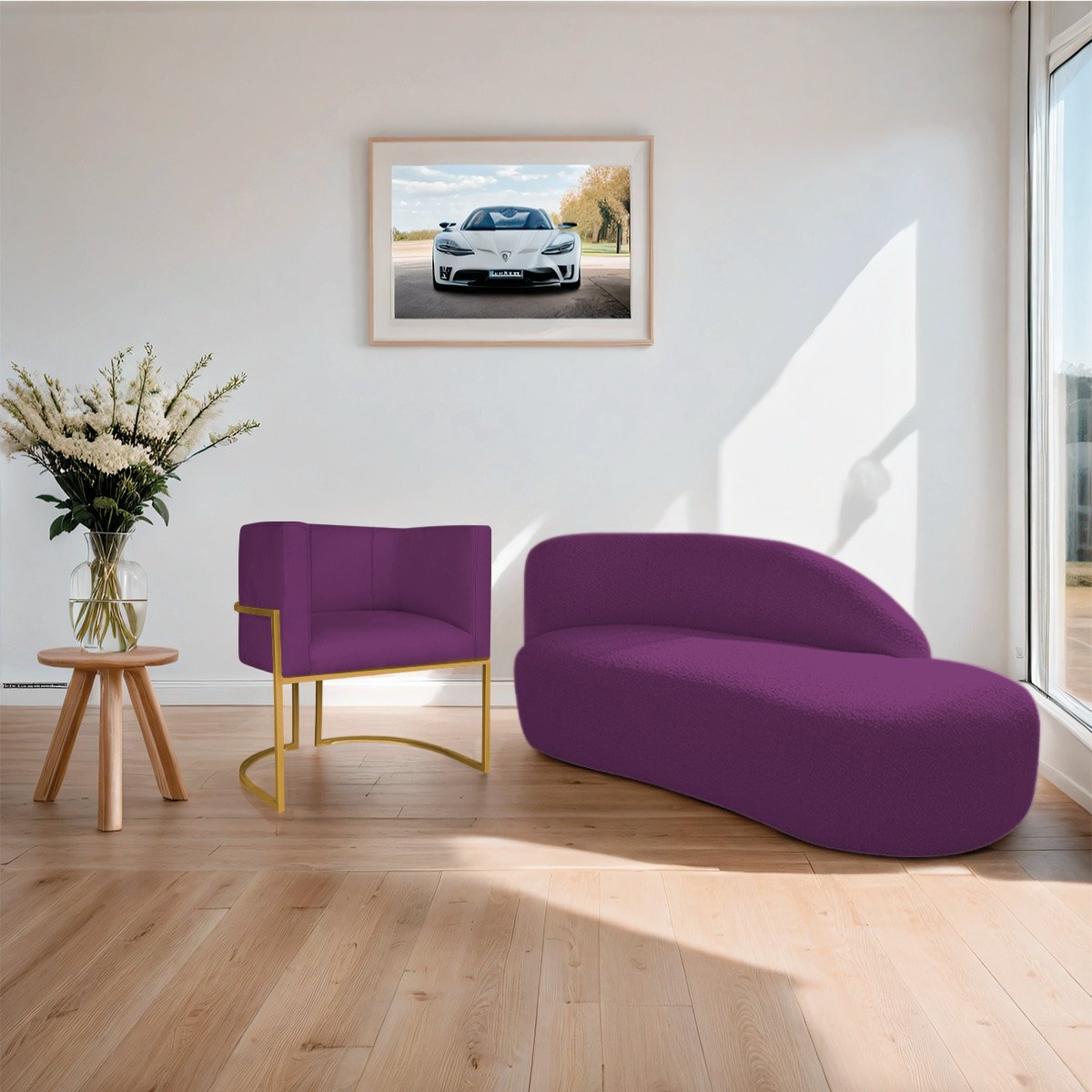 Kit Divã Luna 140cm Lado Direito e 01 Poltrona Base de Ferro Dourado Suede Doce Sonho Móveis Roxo - 2