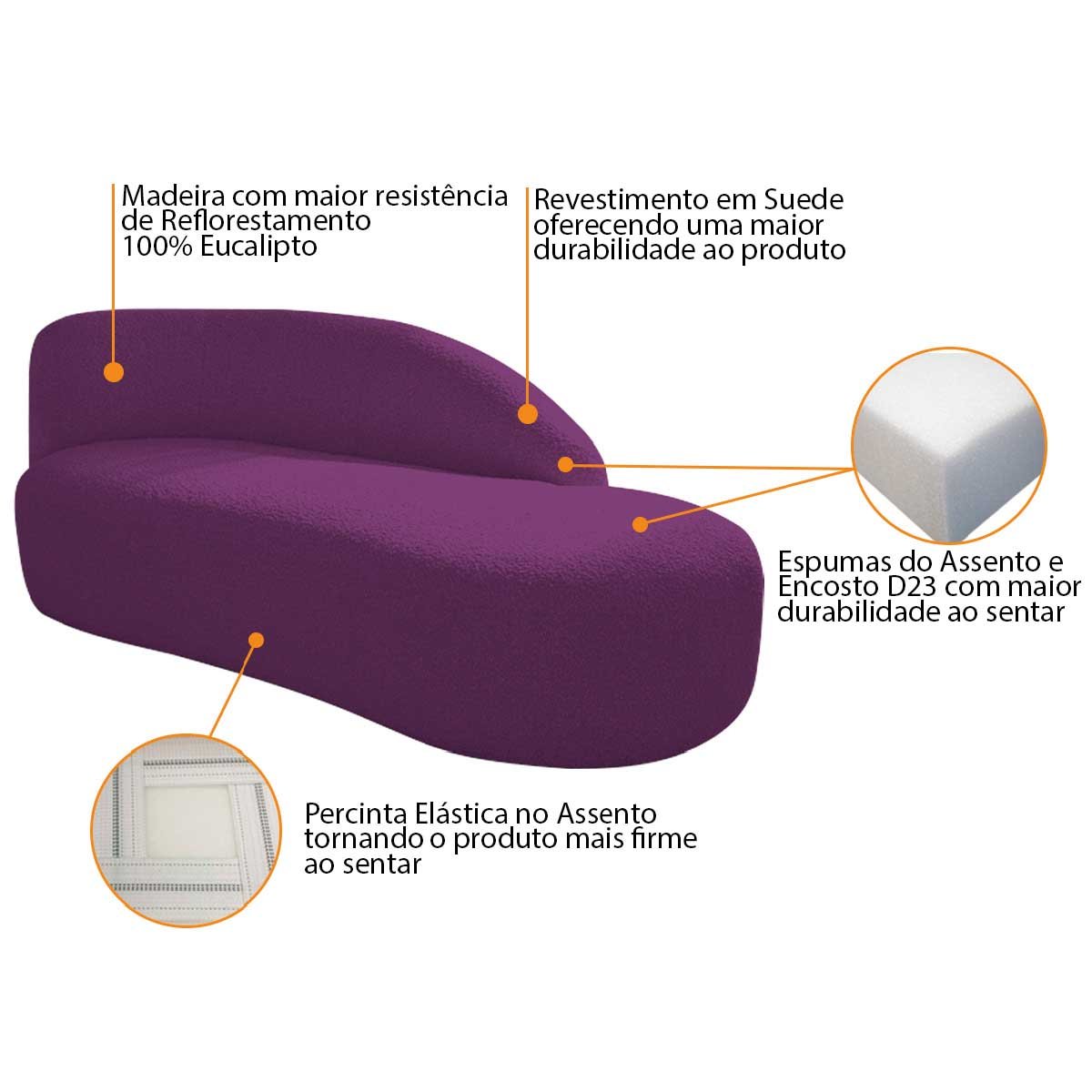 Kit Divã Luna 140cm Lado Direito e 01 Poltrona Base de Ferro Dourado Suede Doce Sonho Móveis Roxo - 5