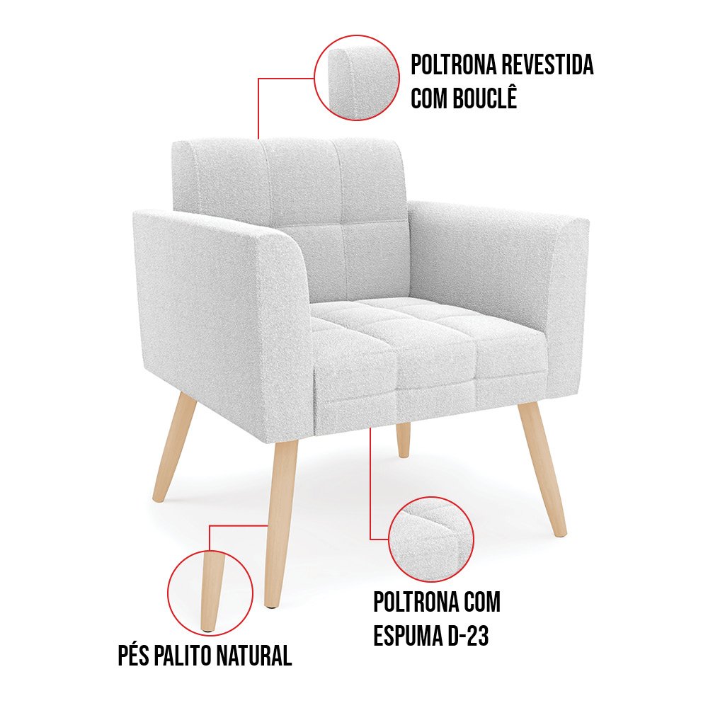 Namoradeira e 2 Poltronas Pé Palito Natural Elisa Bouclê Off White D03 - D'rossi - 4
