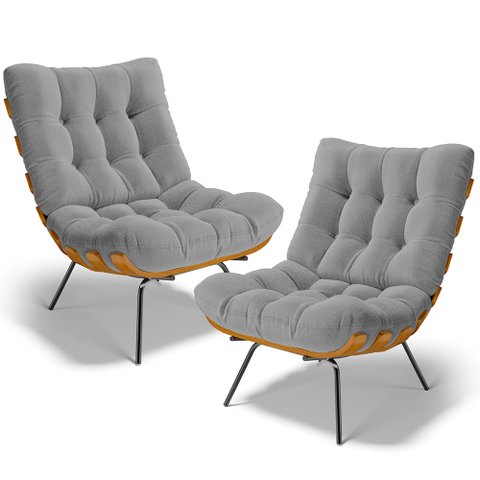 Kit 2 Poltronas Decorativas Sala de Estar Costela L02 Bouclê Cinza - Lyam Decor