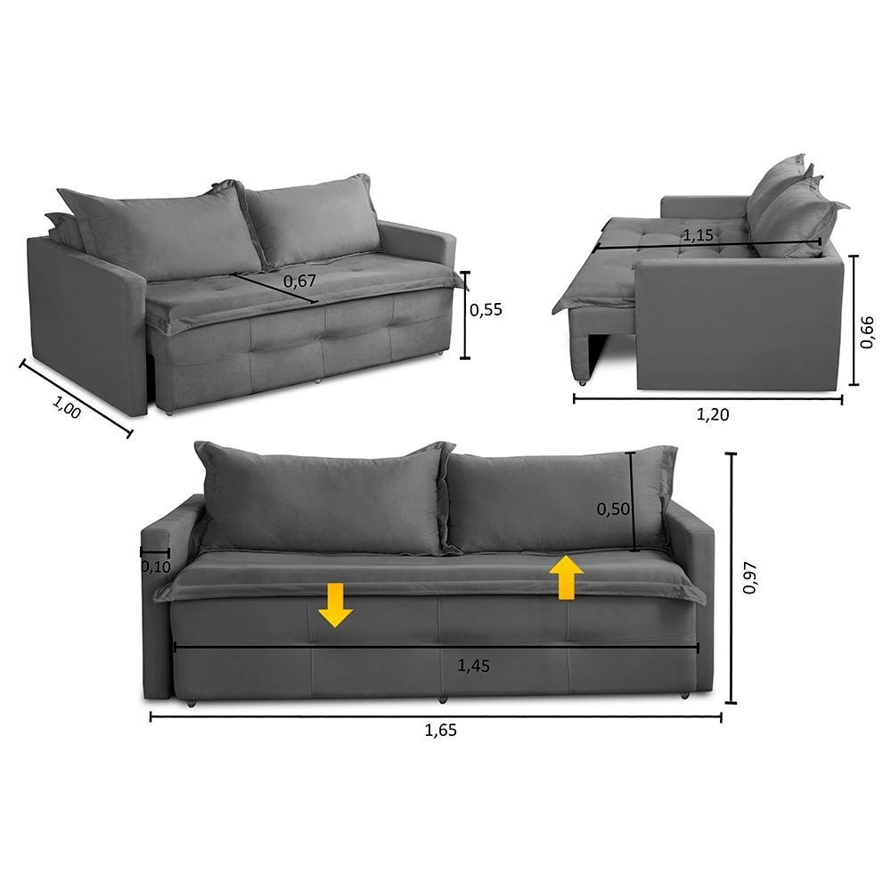 Sofá sem Caixa Retrátil e Reclinável 1,65m com Molas Maísa Suede Cinza Adonai Estofados - 3