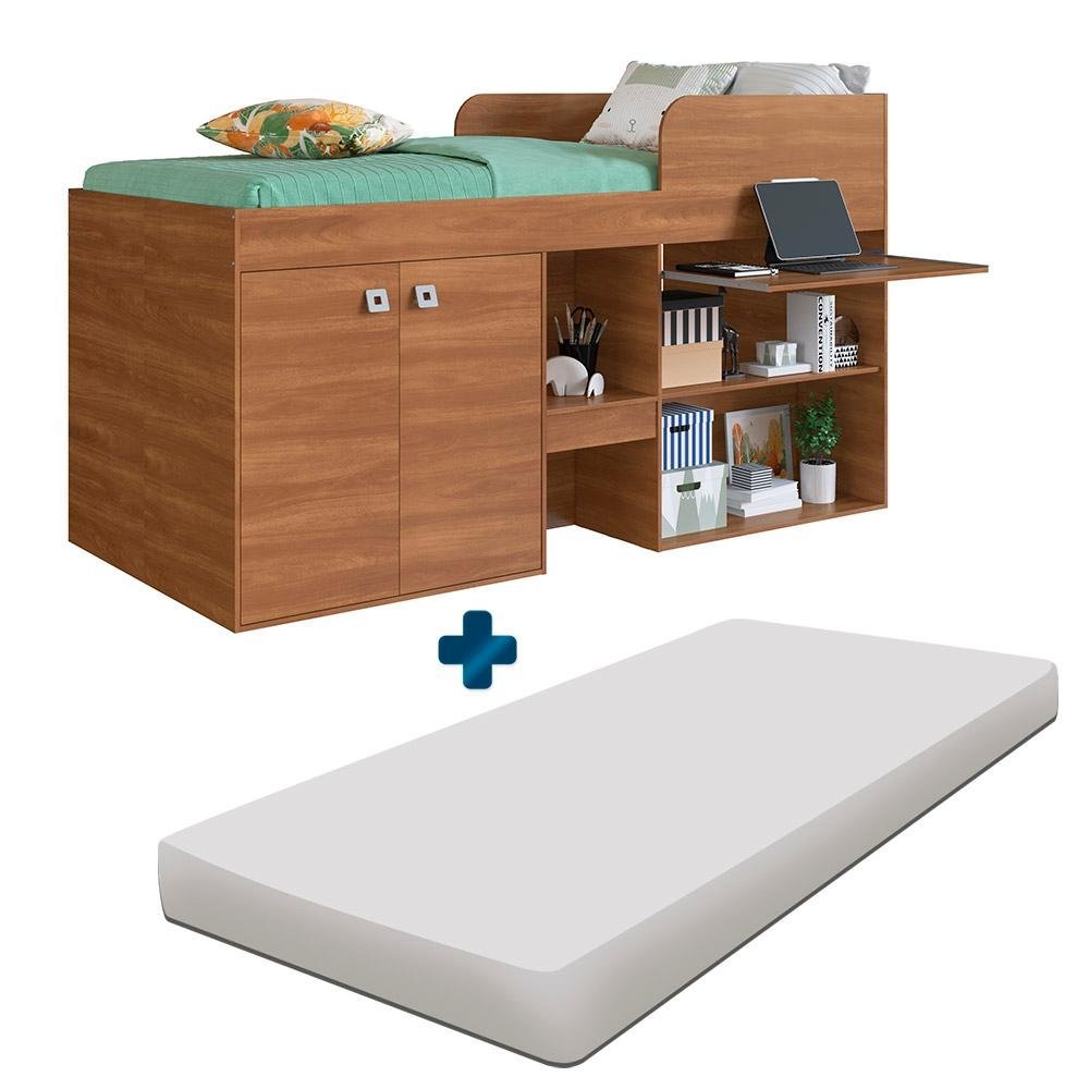 Cama Alta com Armário 2 Portas e Colchão Solteiro Nogal Mazon Shop Jm - 2