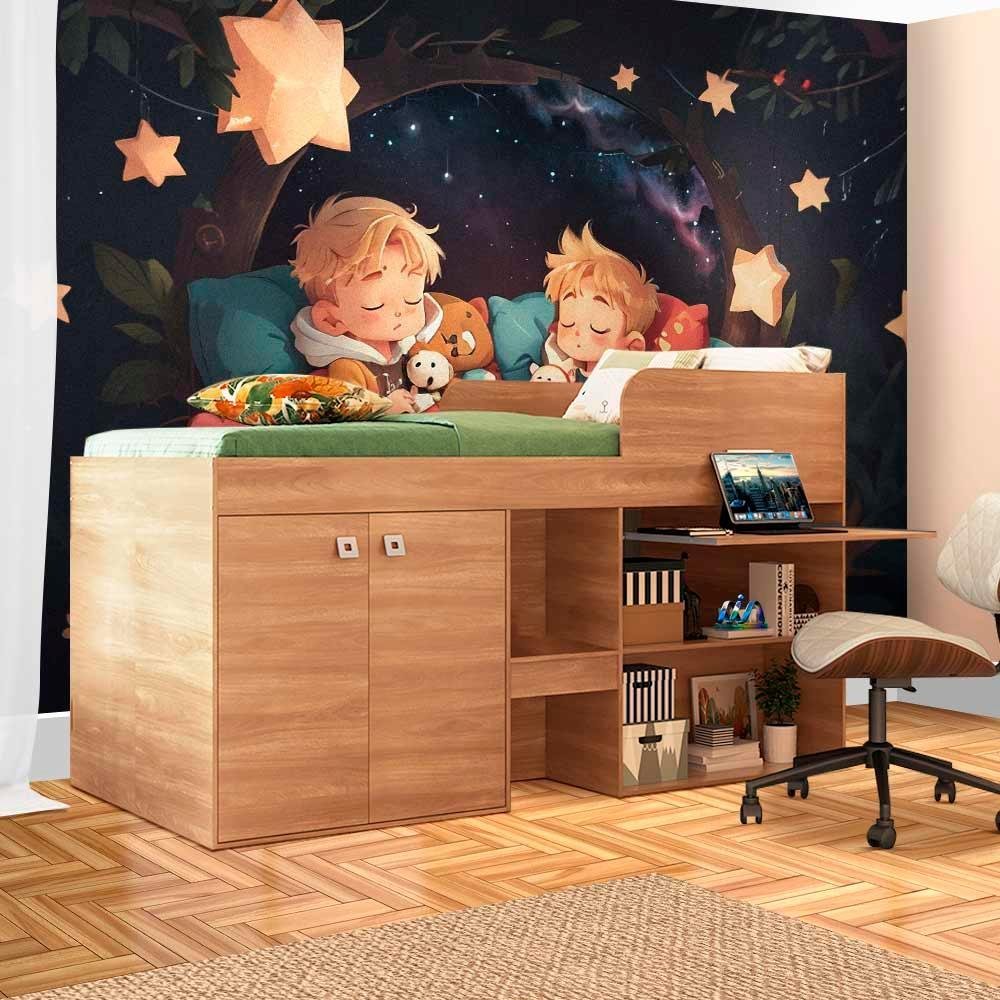 Cama Alta com Armário 2 Portas e Colchão Solteiro Nogal Mazon Shop Jm - 1