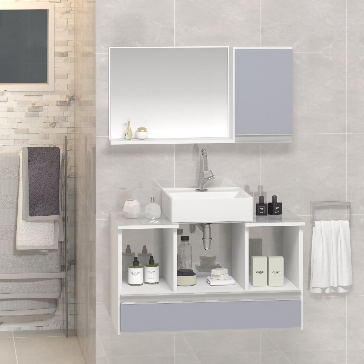 Conjunto Gabinete Banheiro VENUS 80cm Branco / Cinza - Gabinete + Cuba + Espelheira + Tampo Vidro - 1