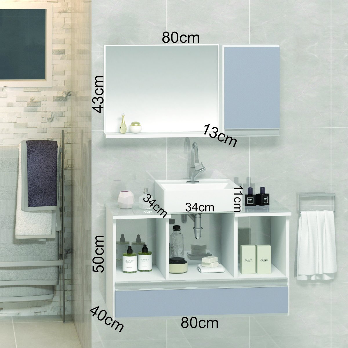 Conjunto Gabinete Banheiro VENUS 80cm Branco / Cinza - Gabinete + Cuba + Espelheira + Tampo Vidro - 2