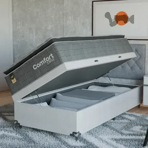 Cama Box Baú Solteiro + Colchão Comfort Class Pillow Top Cinza/suede Branco