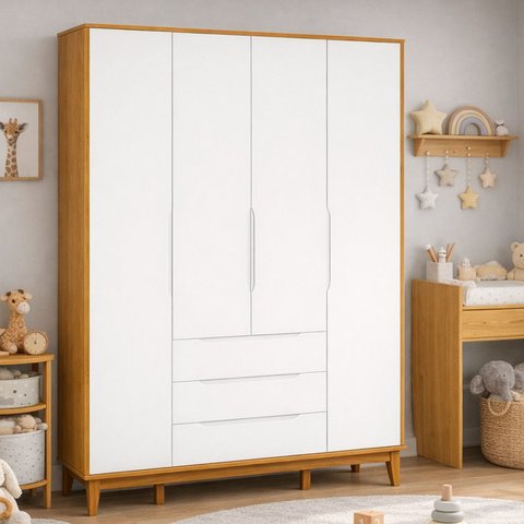 Roupeiro Elfe Classic 4 Portas 3 Retro Gavetas Branco Fosco com Savana - Moveisaqui